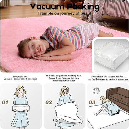 Pink Rugs for Bedroom, 2x3 Fluffy Small Area Rugs for Living Room, Soft Shag Fuzzy Carpet with 4 Non-Slip Stickers for Kids Boys and Girls Nursery Room Dorm Home Decor (Pink, 2ft x 3ft)