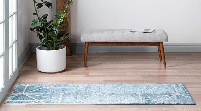 Rugs.com Lattice Trellis Collection Rug – 6 Ft Runner Blue Low-Pile Rug Perfect for Hallways, Entryways