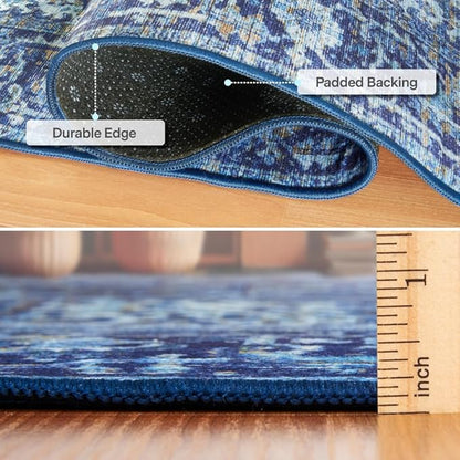 ReaLife Rugs Machine Washable Area Rug Runner - Living Room Bedroom Bathroom Kitchen Entryway Office - Padded Low Pile Stain Resistant Premium - Boho Vintage Traditional - Lyle - Blue 2'6" x 6'