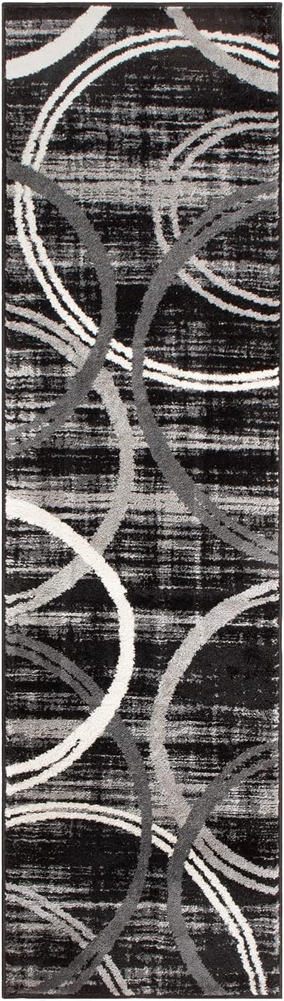 Rugshop Modern Wavy Circles Design Runner Rug, Non-Shedding Carpet for Hallway, Entryway, or Kitchen, Black, 2' x 7'2"