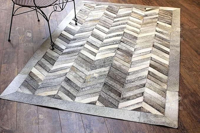 Chevron Pattern Faux Cowhide Area Rug | Non-Slip Leather Carpet for Living Room, Bedroom, and Office | Modern Designer Rug for Home Décor(2.5x8 ft_Grey)