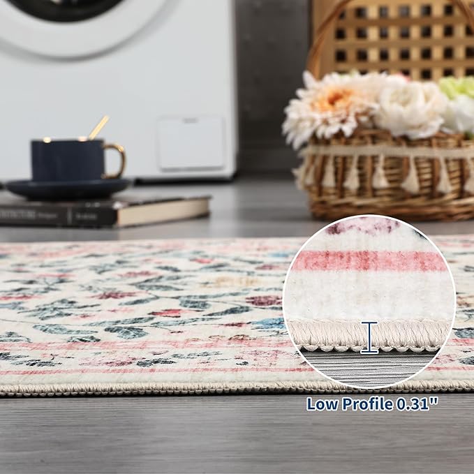 GarveeHome 2x3 Floral Rugs for Entryway, Non-Slip Soft Vintage Throw Door Mat, Low Pile Foldable Farmhouse Carpet, Non-Shedding Indoor Washable Small Rug for Bedroom Kitchen, Pink