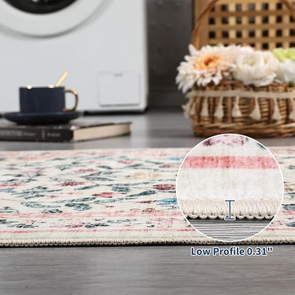 GarveeHome 2x3 Floral Rugs for Entryway, Non-Slip Soft Vintage Throw Door Mat, Low Pile Foldable Farmhouse Carpet, Non-Shedding Indoor Washable Small Rug for Bedroom Kitchen, Pink