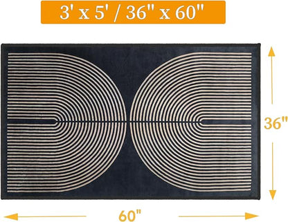 Modern Rainbow Area Rug 3x5 Black Soft Non-Skid Washable Indoor Outdoor Rug, Abstract Living Room Bedroom Carpet for Home Office Patio