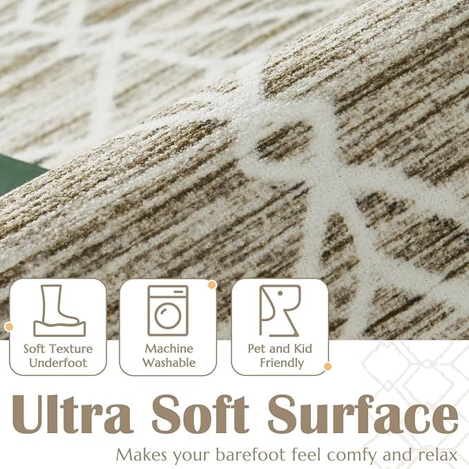 jinchan Moroccan 4x6 Area Rugs for Bedroom - Machine Washable Soft Modern Geometric Stain Resistant Non-Slip Ultra-Thin Low-Pile Carpet for Living Room Kitchen Dining Room (4x6ft, Taupe)