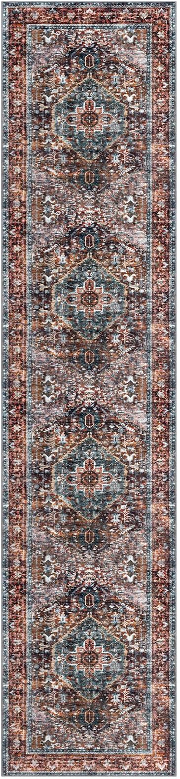 KOZYFLY Runners for Hallways 2x10 Ft Washable Kitchen Runner Rug Boho Runner Rug for Entryway Indoor Printed Faux Wool Carpet Runner for Bedroom Kitchen Hall, Brick Red/Orange/Green