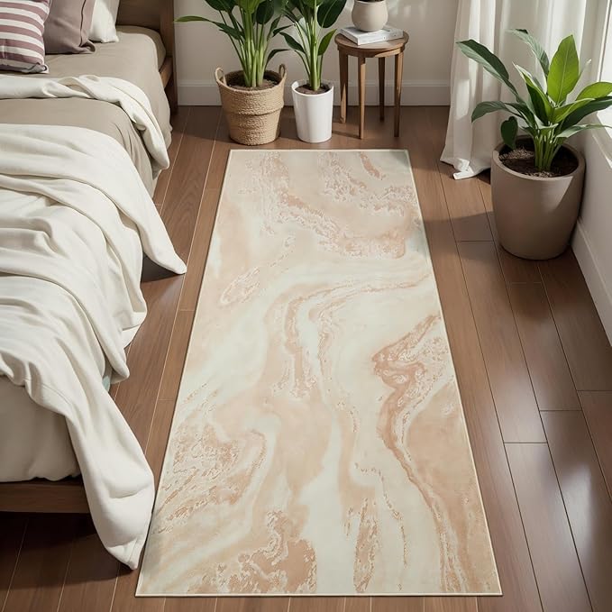 Ciicool 2x6 Washable Runner Rug, Modern Abstract Soft Hallway Rugs Runner, Non-Slip Thin Accent Rug Lightweight Light Brown Beige Print Distressed Carpet for Laundry Entryway Bedroom Kitchen Indoor
