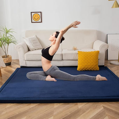 MAXYOYO Black Coral Velvet Area Rug, Thick Japanese Tatami Mat Living Room Carpet with Non-Slip Backing, Large Solid Color Mat for Bedroom Dormitory Yoga, 49 by 49 inch