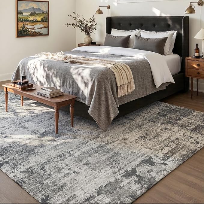 Area Rug 9x12 Washable Rug Black for Living Room, Dining Room, Bedroom, Large Carpets, Non Slip & Non-Shedding Low Pile Vintage Print Rug for Home Office Decor