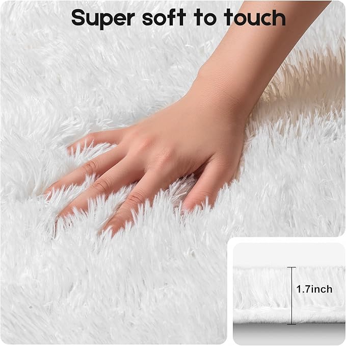 3x5 Cream White Rugs for Bedroom Living Room, Fluffy Small Area Rug Soft Shag Carpet for Kids Boys and Girls Room with 4 Rugs Non-Slip Stickers Dorm Home Decor (3ft x 5ft)
