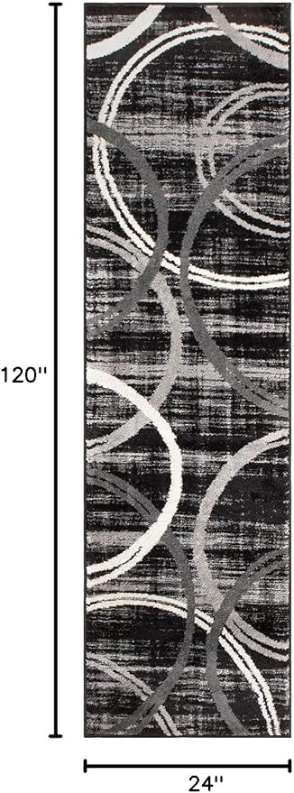 Rugshop Modern Wavy Circles Design Runner Rug, Fade-Resistant Carpet for Hallway, Entryway, or Kitchen, Black, 2' x 10'