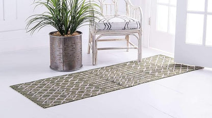 Unique Loom Outdoor Trellis Collection Area Rug - Tribal Trellis (2' x 6' 1" Runner, Green/ Natural)