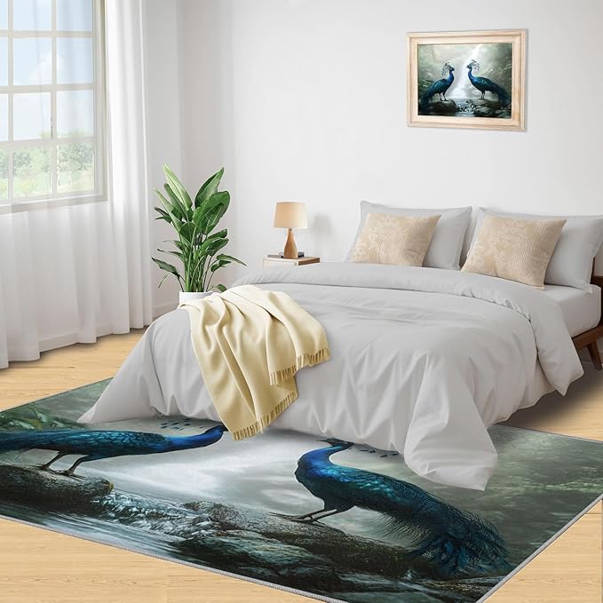 Peacock Rug 6x8-6x8 Rug, Peacock Couples Area Rugs for Bedroom, Nature Waterfall Rugs for Living Room, Animal Bird Washable Mat, Teal Turquoise Carpet - Peafowl Home Decor & Gifts