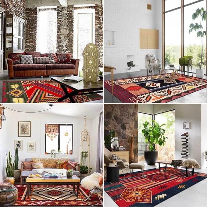 Vintage Boho Area Rugs Multicolor Ethnic Style Geometric Splicing Carpets Bedroom Living Room Kitchen Floor Mats Indoor Outdoor Non-Shedding Runner Rug Home Décor Carpet 5.2' X 7.5'