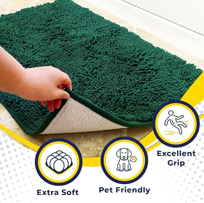 Muddy Mat® AS-SEEN-ON-TV Highly Absorbent Microfiber Door Mat and Pet Rug, Non Slip Thick Washable Area and Bath Mat Soft Chenille for Kitchen Bedroom Indoor and Outdoor - Dark Green 24" x 72"