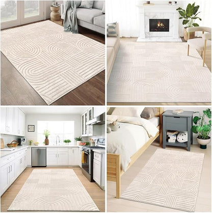 SHACOS Soft Cozy Fluffy Geometric High-Low Arch Rug 4'x5'3" Non Slip Washable Modern Area Rug Stain Resistant Contemporary Carpet for Living Room Bedroom Dining Room, Beige