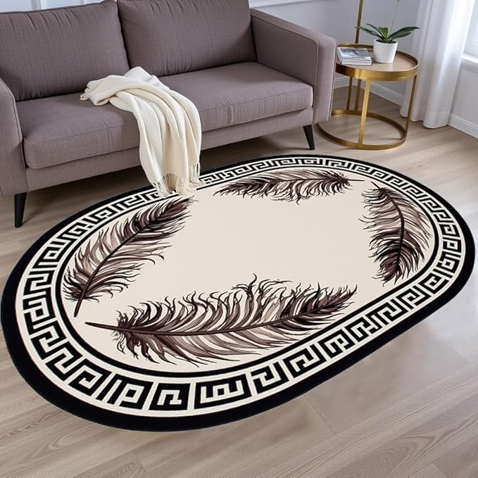 Light Beige Tan Black Greek Key Pattern Bordered Large Rugs for Living Room Bedroom Dining Room Machine Washable Non Skid Soft Area Rug 12x15 Nursery Dorm Guestroom Minimalist Oval Floor Mats Carpet