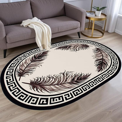 Light Beige Tan Black Greek Key Pattern Bordered Large Rugs for Living Room Bedroom Dining Room Machine Washable Non Skid Soft Area Rug 5x8 Nursery Dorm Guestroom Minimalist Oval Floor Mats Carpet