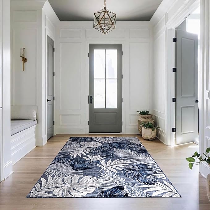 CAMILSON Indoor Outdoor Rug Navy Blue 4x6 Leaf Tropical Botanical Area Rugs for Indoor and Outdoor patios, Easy-Cleaning Non-Shedding Living Room Garden and Kitchen Washable Outside Carpet (4 x 6)