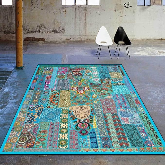 Vintage Boho Area Rugs Multicolor Ethnic Style Geometric Splicing Carpets Bedroom Living Room Kitchen Floor Mats Indoor Outdoor Non-Shedding Runner Rug Home Décor Carpet 4.2' X 6.2'