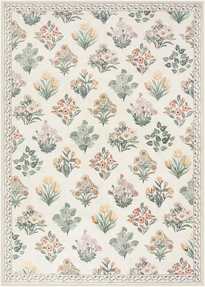 Wonnitar 5x7 Rug for Bedroom Decor, Washable Nursery Rug for Baby, Neutral Ultra-Thin Non Slip Floral Print Carpet for Kids Room Farmhouse Living Room Office, Cream Beige