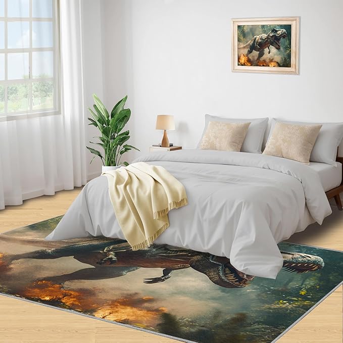Dinosaurs Rugs for Bedroom - 2x3 Area Rug - Flame Dinosaurs Rugs for Living Room, Forest Landscape Rug, Washable Home Decor Carpet