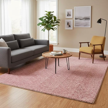 Modern Herringbone Chevron Collection Handcrafted Wool Area Rug - Durable, Zigzag Pattern, for High Traffic, Contemporary Design for Living Room, Bedroom, Dining Room Decor (Blush Pink, 7' x 9')