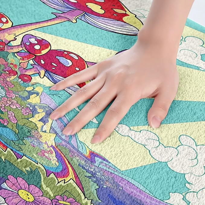 Erosebridal Cute Mushroom Rugs 70s Theme Rainbow Fluffy Rugs for Kids Girls Vintage Retro Sun Stars Indoor Entry Rug 16x24 Hippie All Seeing Eye Non Slip Bathroom Carpet Groovy Flower Floor Mats