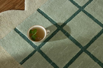 Mint Green Scalloped Edge Wool Area Rug with Checker Grid Design, Hand-Tufted Soft Carpet for Living Room, Bedroom, Nursery, Kids & Playroom Décor - 8x8 Ft (Round)