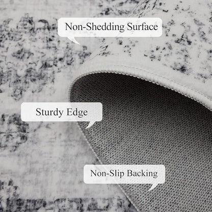 Washable Rugs 5x7 Area Rugs for Living Room, Thin Carpet for Bedroom, Soft Faux Wool Retro Dining Room Rug，Non Slip&Non-Shedding Resistant Low Pile Vintage Print Rug for Home Office (White/Grey)