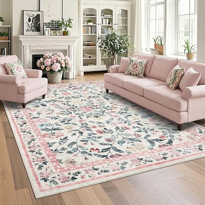 GarveeHome Large Washable Area Rug 10 x 13 for Living Room, Non-Slip Soft Vintage Rug, Low Pile Farmhouse Floral Carpet, Non-Shedding Foldable Printed Rugs for Bedroom, Pink