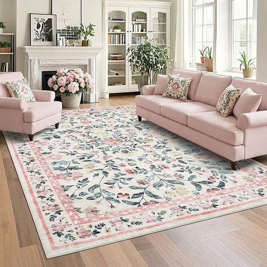 GarveeHome Large Washable Area Rug 10 x 13 for Living Room, Non-Slip Soft Vintage Rug, Low Pile Farmhouse Floral Carpet, Non-Shedding Foldable Printed Rugs for Bedroom, Pink