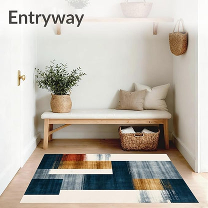 Flatwoven High Traffic Area Rug 8x10, Eclectic Funky Ink Wash Design Abstract Area in Multi Tone, Non Slip, Stain Resistant, Washable Area Rugs for Living Room, Bedroom (Blue, 8x10)