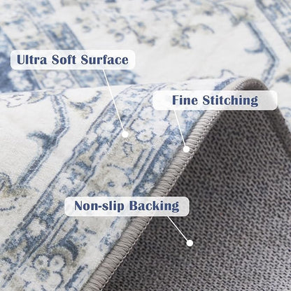 jinchan Fiora Round Rug 5ft Area Rug - Indoor Vintage Hallway Circle 5' Washable - Ultra-Thin Low Pile Soft Small Non Slip Distressed Floral Print for Living Room Bedroom Entryway Dark Blue