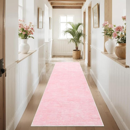 RUGSREAL Modern Runner Rug 2.5x8 Stain Resistant Washable Kitchen Runner Carpet ith Rubber Backing Low Pile Contemporary Solid Color Entryway Mat Ultra Soft Rug for Living Room Bedroom, Pink