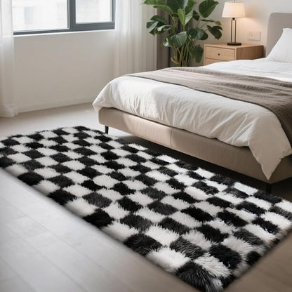 Checkered Rug for Bedroom, 3x7 Black and White Area Rugs, Classic Checkered Carpets Shaggy Area Rug, Bedside Rugs for Living Room Bedroom Kids Room Home Decor