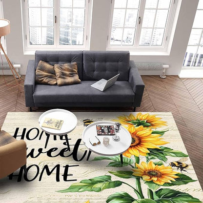 Summer Sunflowers Rectangular Area Rugs for Living Room Bedroom 5 x 6.9 ft Rustic Floral Bees Green Leaves Non-Shedding Soft Low Pile Rug Non Slip Washable Rug for Nursery Entryway Playroom