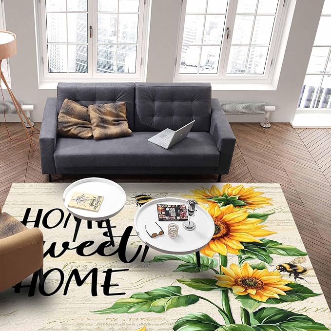 Summer Sunflowers Rectangular Area Rugs for Living Room Bedroom 4 x 6 ft Rustic Floral Bees Green Leaves Non-Shedding Soft Low Pile Rug Non Slip Washable Rug for Nursery Entryway Playroom