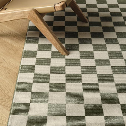 Revival Rugs Gambit 6'7"x9' Checkered Rug Washable Area Rug for Living Room Bedroom - 100% Recycled Oeko-TEX Certified, Medium Pile, Green, Beige