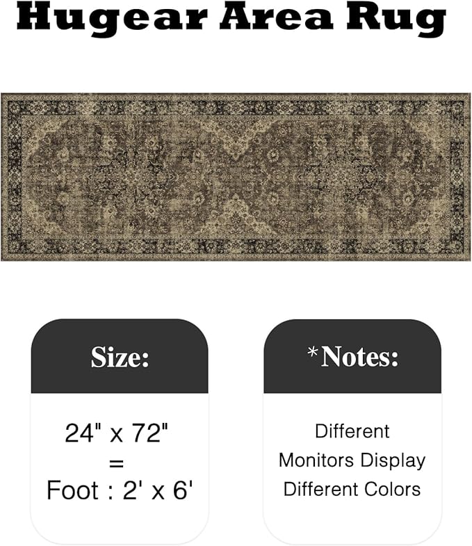 HUGEAR 2x6 Runner Rug Hallway Machine Washable Retro Brown Vintage Floral Low Pile Carpet Distressed Long Throw Rug Bedroom Office Bathroom Kitchen Laundry Non Slip Soft Lightweight