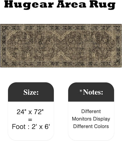 HUGEAR 2x6 Runner Rug Hallway Machine Washable Retro Brown Vintage Floral Low Pile Carpet Distressed Long Throw Rug Bedroom Office Bathroom Kitchen Laundry Non Slip Soft Lightweight