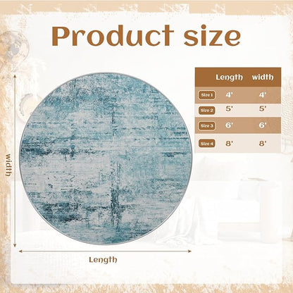 Round 6ft Area Rug Modern Abstract Washable for Living Room Bedroom Dining Room Home Office Teal Gray