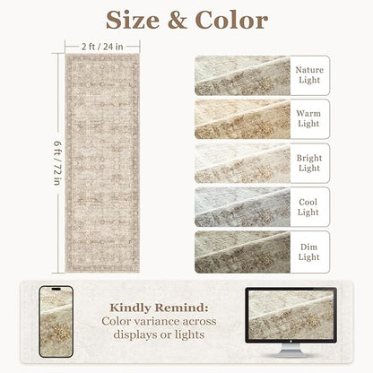 Beige Neutral 2x6 Runner Rug for Hallways Entryway, Vintage Earth Tone Kitchen Bathroom Runner 6ft, Non Slip Washable Low Pile Thin Carpet Runner for Mudroom/Laundry Room/Bedroom Bedside