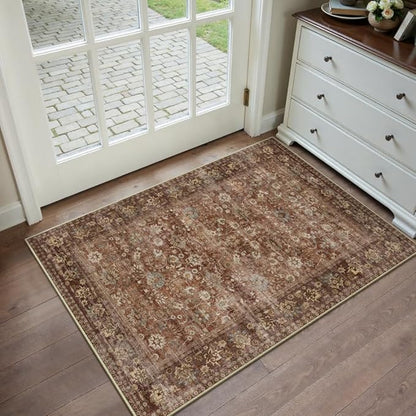 HUGEAR 2x3 Small Rug Machine Washable Area Rug Brick Red Entryway Rugs Entrance Door Mat Indoor Accent Rugs Floral Low Pile Carpet Distressed Throw Rug Kitchen Bedroom Office Non Slip