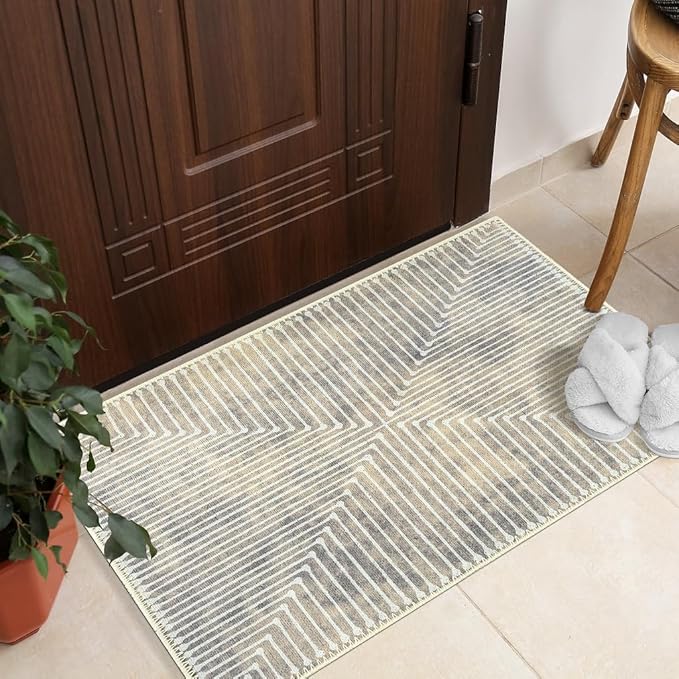 GLN Rugs Contemporary Collection - Machine Washable Area Rug, Contemporary Washable, Non Slip, Low Pile Chenille Rug, Living Room, Bedroom, Kitchen Rug (2' x 3' Lines Cream)