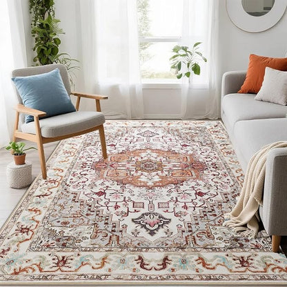 Washable Area Rugs 5x7, Beige Vintage Rugs-Low Pile Carpet, Non-Slip Distressed Printed Patterns Rugs for Bedroom, Living Room, Dining Room, Beige