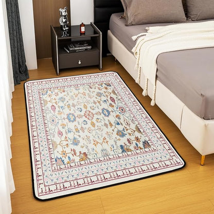 Boho 3x5 Area Rug Vintage Floral Rugs for Living Room | Art Deco Abstract Washable Rug, Retro Tribal Aesthetic Oriental Carpet Indoor Floor Mat