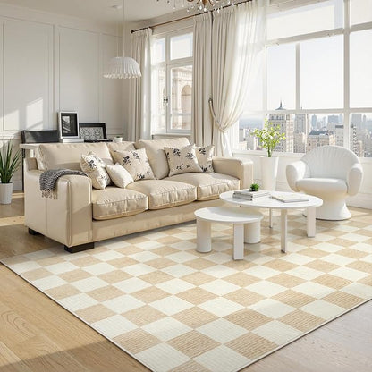 Machine Washable 5x7 Area Rugs for Living Room Checkered, Non Slip Soft Low Pile Farmhouse Geometric Modern Neutral Playroom Boys Rugs for Bedroom, Large Carpet Rugs for Dining Room(Ivory,5'x7')