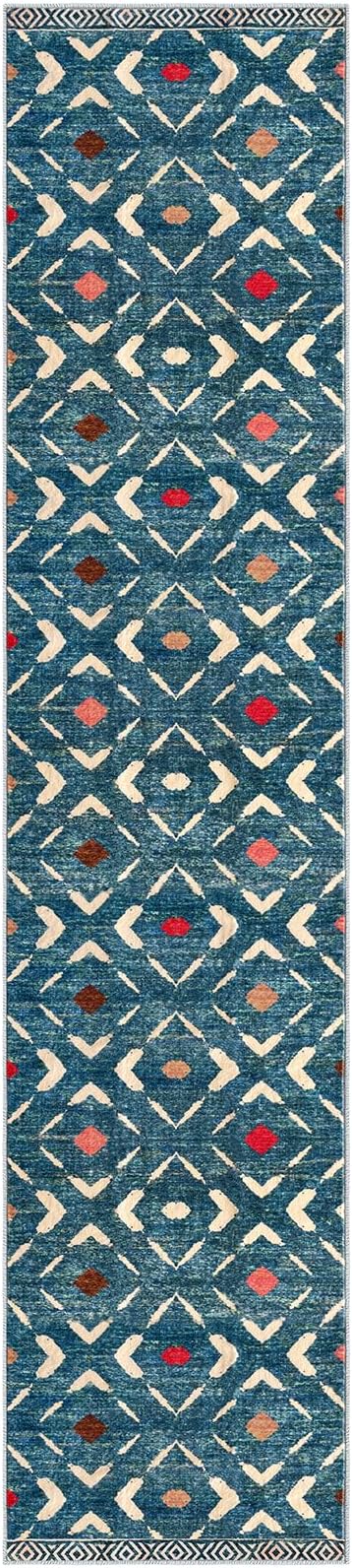 KILOCOCO Hallway Runner Rug 2.6'x12' Runners for Hallways Washable Runner Soft Non Slip Printed Geometric Low-Pile Rugs Runners for Bedroom Kitchen Living Room Boho Rugs, Teal/Blue
