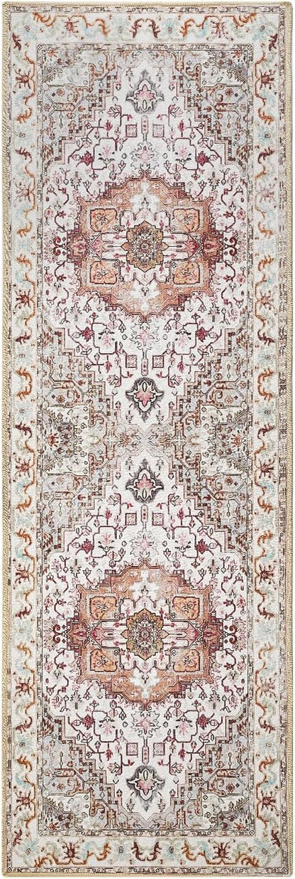 Runner Rug 2×6, Machine Washable Non-Slip Vintage Area Rug, Low Pile, Indoor Carpet Printed Floral Rugs for Living Room, Entryway, Kitchen, Bedroom,Beige